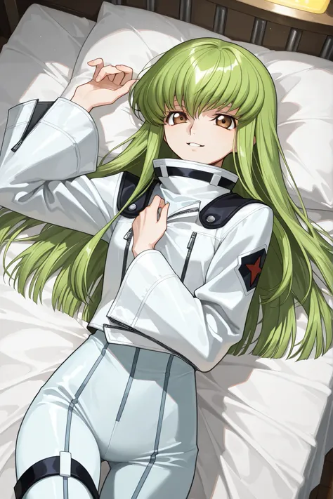 Code Geass ticker, NFFW, (brown eyes:1.5), green hair, long hair, straight hair,
Blake straight jacket, (white forced jacket:1.5), Wide sleeves, solo, 1 girl
BREAK, indoor, bedroom, bed sheet, bed
Stop looking at the viewer, BREAK (Mass shoot piece: 1.2), ...