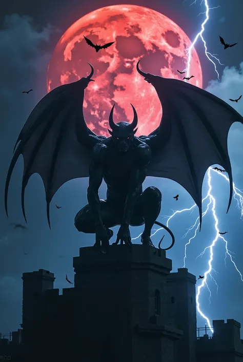 A photograph of a dynamically posed crouching demon male with his bat wing wrapped around him,  he is on a castle battlement with a red moon and blue lightning behind him, there are flying bats