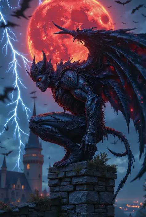 A hyper-realistic photograph of a dynamically posed crouching demon male with his bat wing wrapped around him, he is on a castle battlement with a red moon and blue lightning behind him, there are flying bats
