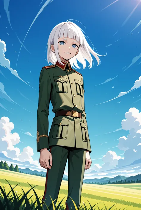 1Boy, white hair, medium hair, blunt bangs, skinny, petit, grassland, standing, army uniform, smile, from below