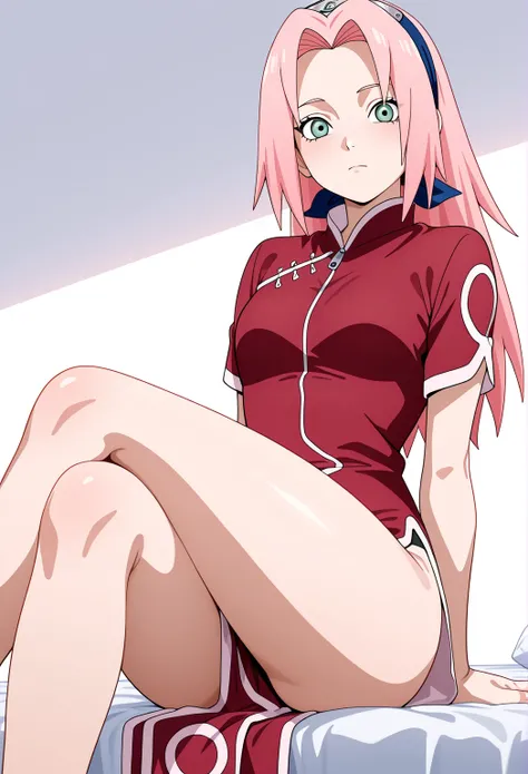 masterpiece, best quality, very aesthetic, absurdres BREAK
1girl, haruno sakura, pink hair, long hair, green eyes
red shirt, red qipao ,zipper, short sleeves, 
sitting on bed, crossed legs, beautiful legs, sexy legs, beautiful thigs, looking at viewer, solo, simple background, white background, anime screencap, anime coloring   