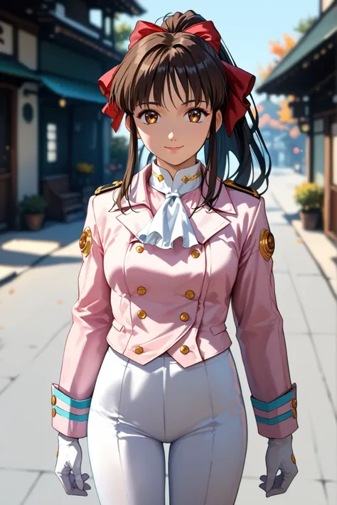 score_9, score_8_up, score_7_up, very aesthetic, source_anime, detailed, high quality, beautiful, masterpiece, detailed eyes,
blurry background, simple background, smile,
looking at viewer,full  body,front view,
shinguuji sakura, black hair, high ponytail,...