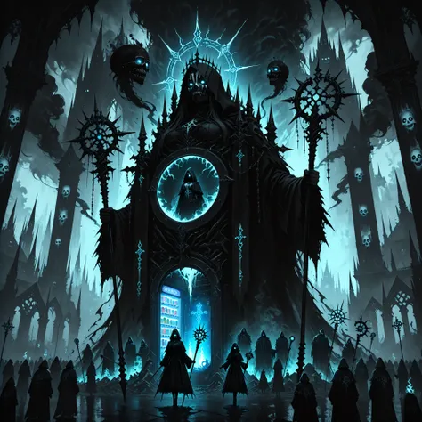"A dark gothic underworld city, massive ruined cathedrals with glowing runes, misty streets illuminated by cursed lanterns, a lone hooded necromancer wielding a staff of souls, his glowing eyes piercing through the darkness, surrounded by ghostly spirits a...