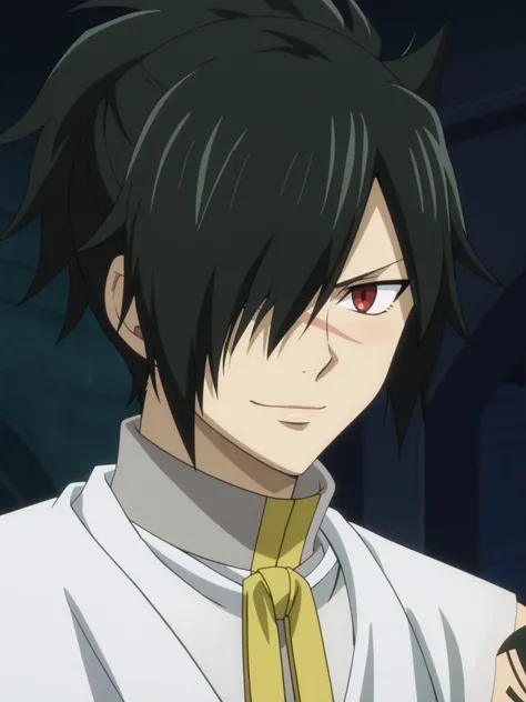 rogue_cheney, black hair, red eyes, hair over one eye, scar tattoo close-up, official style, ((anime screencap)), 8K, extremely detailed, 1boy, solo, looking at viewer, black background , shadow , atmospheric perspective , intricately detailed , depth of ...