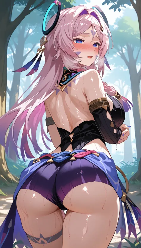score_9,score_8_up,score_7_up, 1 girl, Citlali\(Genshin Impact\),Genshin Impact, Blue eyes, Pink hair,(Both hands hold the tree), parted lips,(Torogao), blush, curvy, large breasts,Big Butt, left thigh circle tatoo,cropped_legs,black_dress, clothing_cutout...
