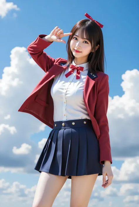 A stunning slender young woman with voluminous full breasts and prominently displayed deep cleavage stands confidently against a bright blue sky with fluffy white clouds, positioned facing the camera with her body at a slight 3/4 angle, her right hand rais...