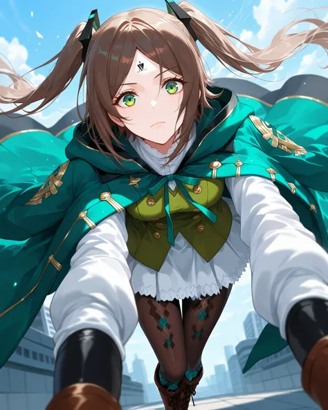 score_9, score_8_up, score_7_up, source_anime, Highest Quality, detailed face and eyes ,masterpiece, perfect face, beautiful face , BREAK, nierfour, 1girl ,solo ,(pov),intimate setting ,brown hair,twintails , parted bangs,green eyes,argyle clothes, brown pantyhose, buttons, cloak, dress, green cloak, green vest, jacket on shoulder,brown boots,(outdoors),dynamic pose,