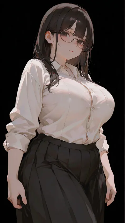 glasses、plump、uniform、BLACK BACKGROUND、dark haired
