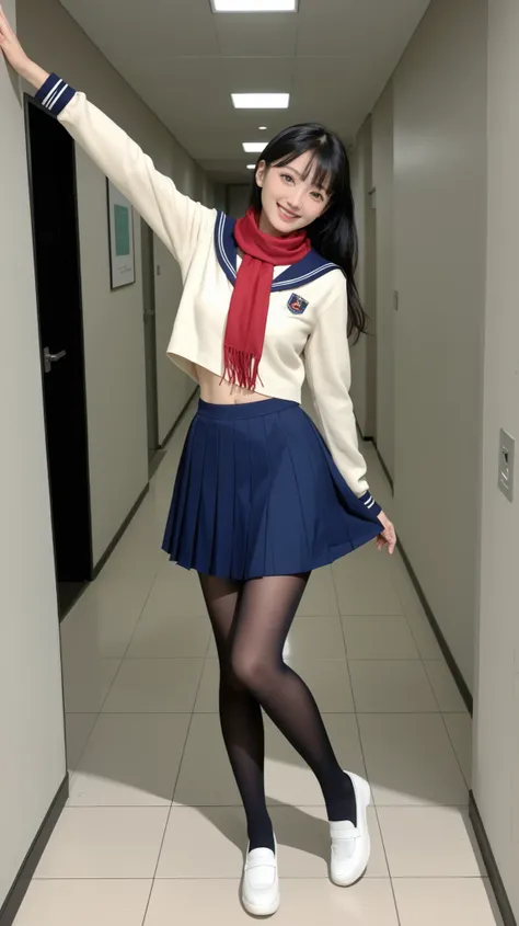 A Japanese high school girl dancing in a hallway of a school building. She is wearing a traditional navy blue sailor-style school uniform with a red scarf tied in the front. Over her uniform, she wears a loose beige cardigan that gives a cozy and casual lo...