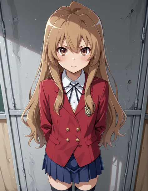 tagai, solo, Taiga Aisaka,1girl, school uniform, light brown hair, long hair, long hair, brown eyes, red jacket, blue skirt,pleated_skirt, black thighhighs,