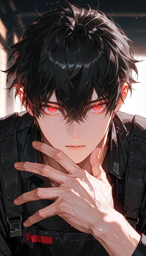 1man,Muscular,manly,handsome, sensual, red eyes, eyelashs,soft glowing eyes, black hair,messy hair, short hair,bang,hair between eyes, close mouth,expressionless,Black mechanic costume,Motorsports,, close up, lustrous skin, shiny skin, intricate details, f...