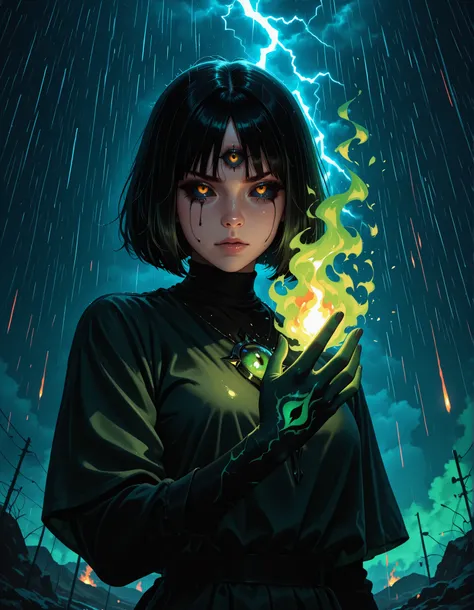 masterpiece,best quality, amazing quality, ((gobo lighting, shadows, dramatic lighting, drastic contrast)), absurdres, 1girl, solo, glowing third eye, burning night, lightning, raining flame, burning rain, bob cut, green undertone, black sclera, black sc...