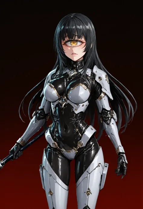 Mechanical warrior girl. Black hair. Long hair. Tied back hair. Yellow eyes. Cyclops eyes. Yandere eyes. Black bodysuit. Light armor. Eye motif costume. Living cloth. Pert breasts. Slim waist. Weapon in hand. Lance.