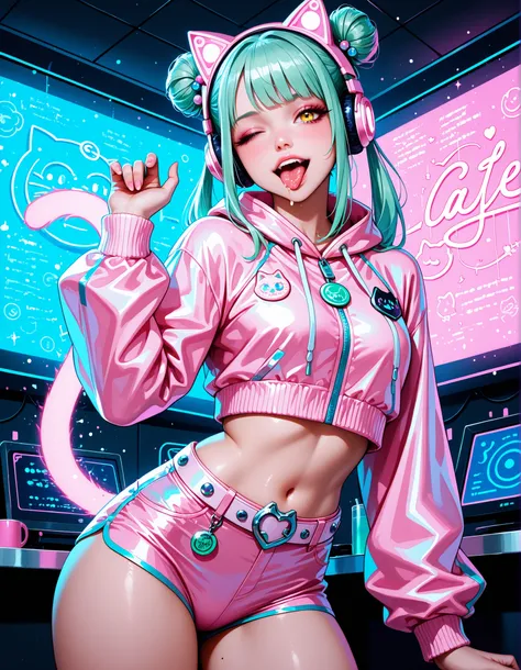 Today’s Theme is “Charming Villain: Neon Meow”
lime-yellow eyes with digital shimmer, short silver-and-mint twin buns, cyber-style pink crop blazer with paw badges and a glowing tail-shaped belt, wearing cat-ear headphones.
One eye squinting, tongue betwee...