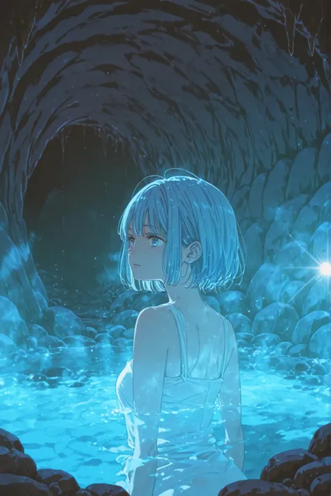 Real Photos. A beautiful blue hot spring at the back of a dark cave, Sunlight shines through gaps in the rocks.Attack on Titan