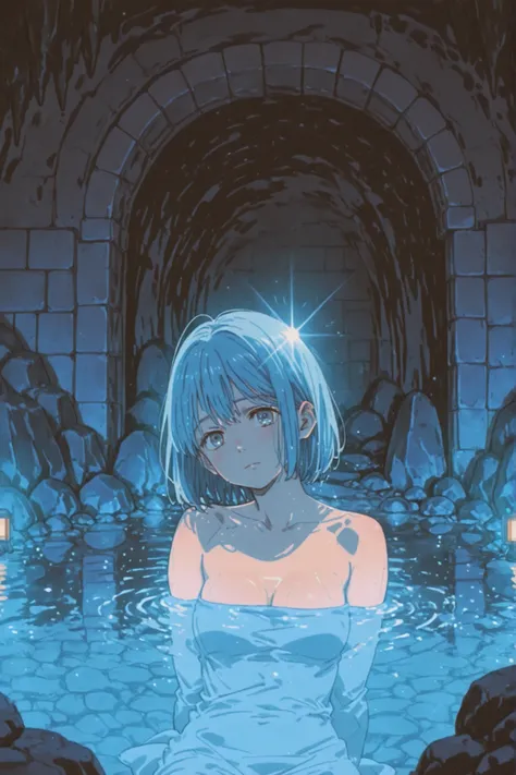 Real Photos. A beautiful blue hot spring at the back of a dark cave, Sunlight shines through gaps in the rocks.Attack on Titan