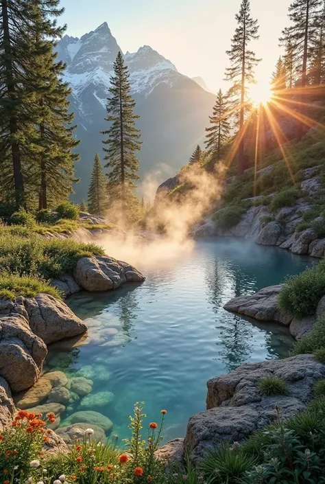 A breathtaking hot spring nestled in a serene mountain landscape at sunrise. Crystal-clear steaming waters flow between natural rock formations, surrounded by lush green vegetation and delicate wildflowers. Soft mist rises from the warm water, catching the golden sunlight filtering through tall pine trees. In the background, snow-capped peaks contrast with the warm, inviting pools. The scene feels peaceful, magical, and untouched by humans — a hidden paradise in nature. Ultra-realistic, high-resolution, with vivid colors and soft lighting.