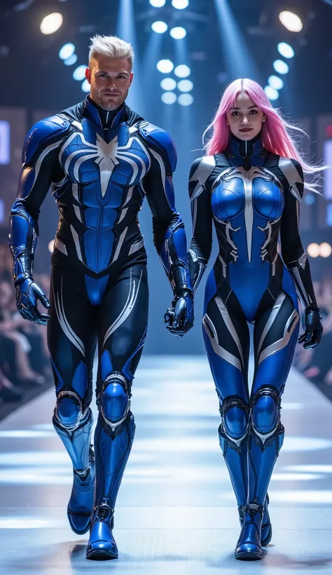 character: ung man blonde hair wearing futuristic blue venom body suit with silver armor futuristic blue accents , and ung woman pink hair Long Bangs Wearing futuristic blue venom body suit with silver armor futuristic blue accents. Their facial skin is p...