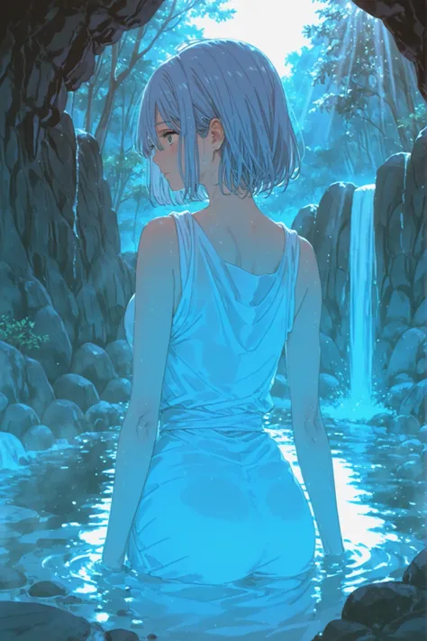 Super Detailed masterpiece Real Photos. A beautiful blue hot spring at the back of a dark cave, Sunlight shines through gaps in the rocks.Attack on Titan