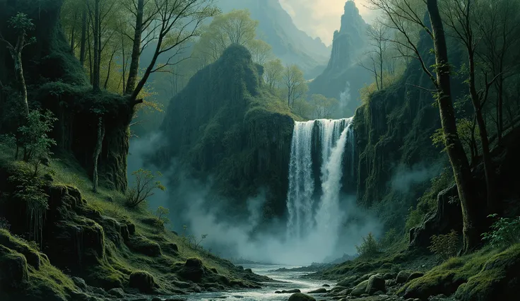 A majestic waterfall in a dense rainforest, with water cascading down moss-covered rocks
  