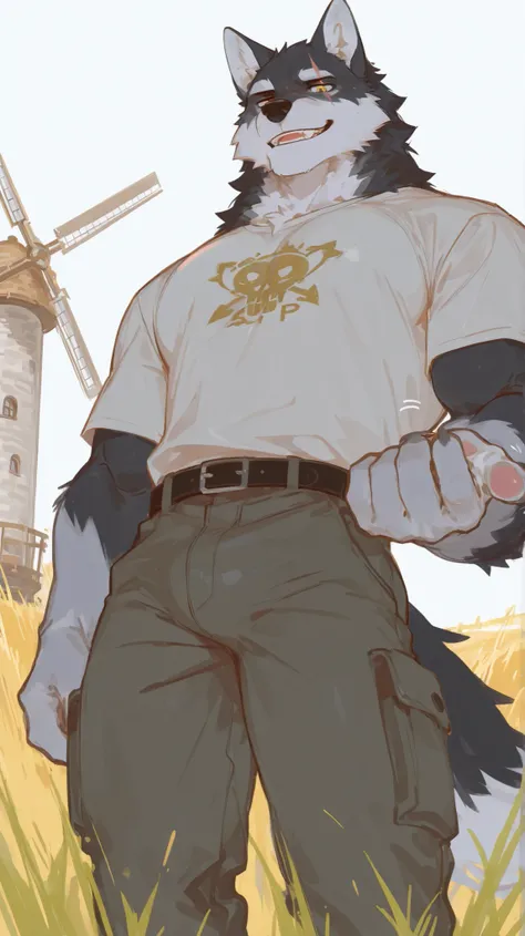 1 Uncle,(((middle-aged_male:1.5))),old_man:0.5,Gray Wolf,furry,it's clear,sunny,scarecrow,windmill,Front View,Golden Eyes,gray fur,white body,suitshirt, belt ,Gray-black cargo pants,standing on green grass, from a bird's-eye view,There are swallows fly...