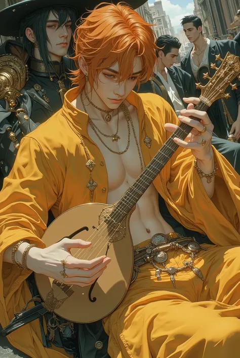 Become an Idol Mogul! Build a group so lit their light sticks sell out instantly! handsome young wizards playing the lute, wearing a rich yellow wizards robe that leaves your abdomen exposed. .He has golden red, Mid-Length Layers hair that falls naturally,...