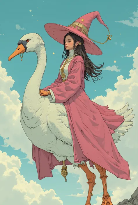 Sky, Land, Sea & Beyond—engineer the ultimate mount for interdimensional travel!, girls wizard riding a flying giant swan. the girl wizard wears a rich pink pointy hat with the same magic robe, and a cream turtleneck under her robe. her long skirt is rich ...