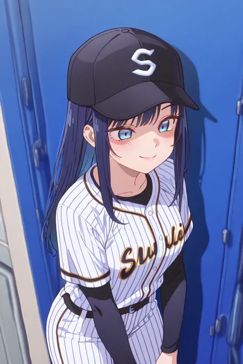 1girl,最高masterpiece、1girl, （striped baseball cap、baseball uniform,dark haired、Long blue hair on the back side、light blue eyes、Long, narrow eyes、cool、 smile fearlessly）、cowboy shot、Fix the cap、masterpiece,top quality,amazing quality, supple body、