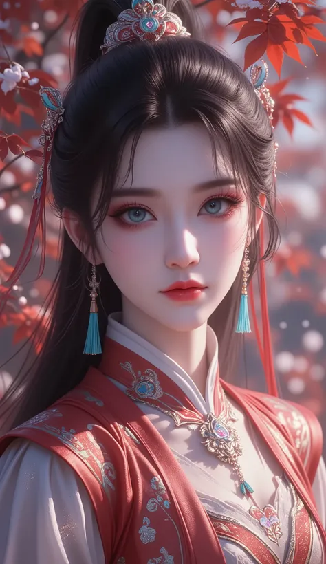 Chinese Fairy Tales character, extremely details, high detailed face, mature woman, cool beauty, living expressions, (cold gaze, cold eyes, aqua eyes), expressionless, (black hair), highlight, high ponytail, shiny silky, long hair, tassel earrings, Hair tu...