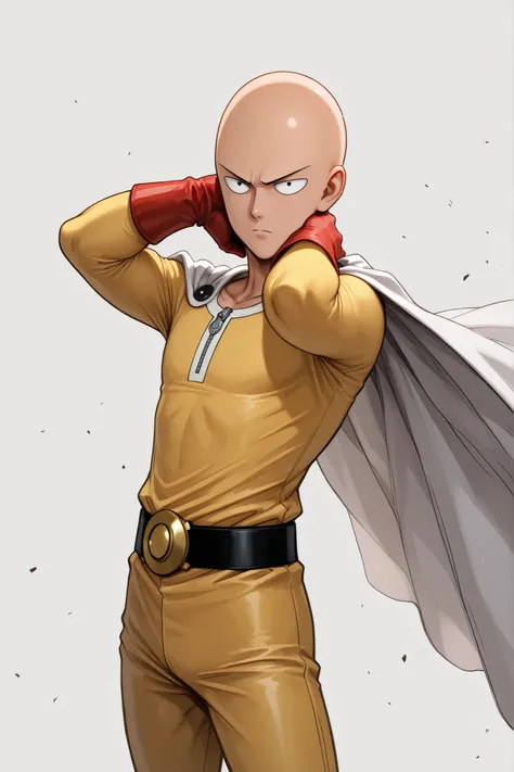 Ghibli-style of the Saitama from One punch man, wearing his superhero suit, standing in a hero pose. Masterpiece, 8K quality, white background 