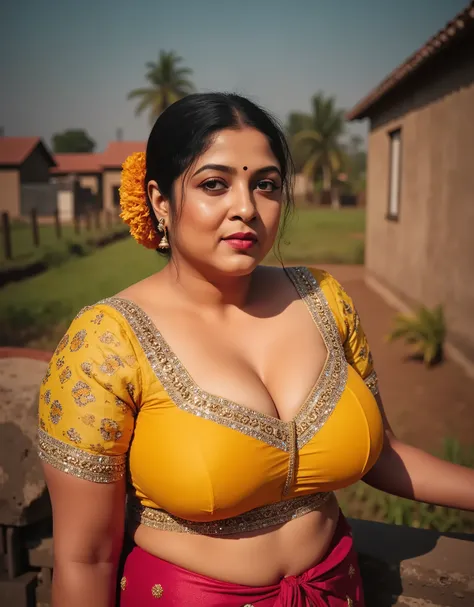 An indian 30 year girl, with big breasts,, fully visible cleavage,standing near a farm with embroiderd glittery blouse,visible navel,heavy weight chubby girl,WEARING saree,fully visible face