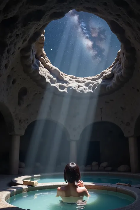 Hot springs in caves,((There is a big hole in the ceiling and you can see the sky 2.0)),Time is night and lots of stars are shining,((looking up at the ceiling while bathing in a hot spring)),Is it 1 Japanese woman
