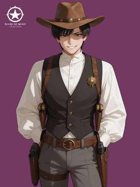 Music album logo of a Japanese boy with disheveled black hair, with a long-sleeved shirt, dark vest, buttoned at the front, dark gray pants , straight cut, typical of the 19th century, Belt with a holster carrying several ammunition and a holstered gun, w...