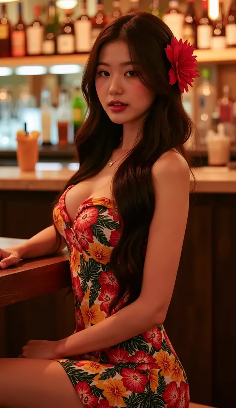 Premium Cocktail Bar,female,colorful dress,Hawaiian,Immersive Atmosphere,Delicate facial expression,Attractive Poses, Flowing Down ,dramatic lighting,Realistic Texture,Professional Photos,Master piece,HDR,4K,Realistic,Vibrant Color,Soft bokeh