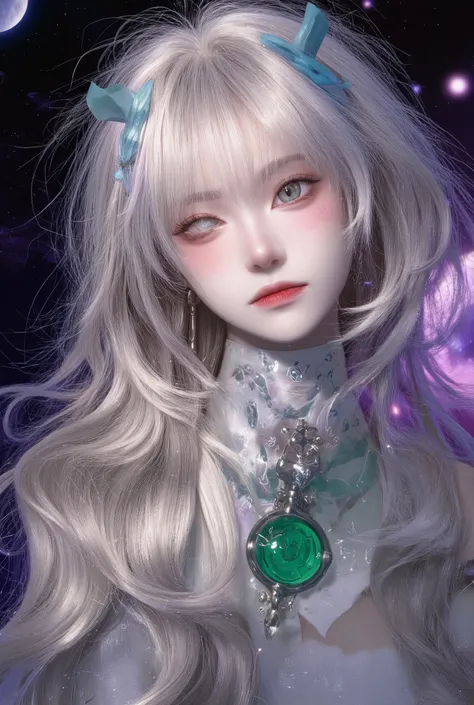 **" Anime girl with long , with iridescent silver hair , that flow , like streams of moonlight . Her eyes are emerald , deep, filled with magic and reflecting the infinity of the universe. Her face has a light blush , are in the air and under her ey...