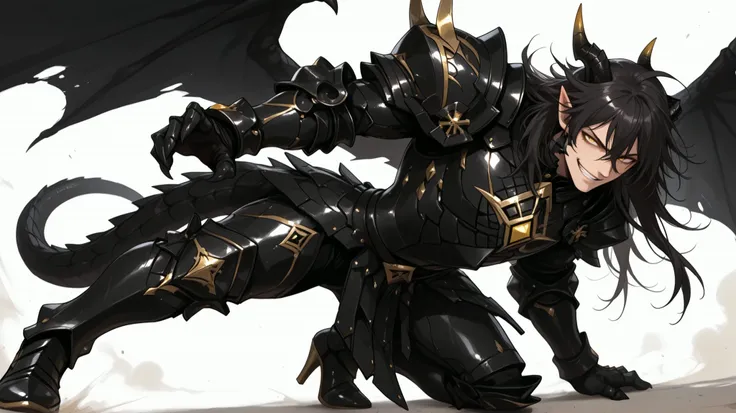 score_9, score_8_up, score_7_up, absurdres, 128K Ultra High Resolution, (masterpiece, best quality: 1. 5), high definition, highres, 8K wallpaper, excellent graphics, CG, (((Anime))), (1 male), solo, lean body, (masculine), (floating in the air), weredragon, japanese anime style, glossy black, shiny black leather, ((beautiful golden eyes, finely detailed eyes, bright eyes, vertical iris)), hair between eyes, black hair, long hair, sideburns, wild hair, unkempt hair, (sly grin, sinister grin, smirk), teeth, confident, ((ultra detailed face)), shiny skin, long pointy ears, twisted torso, long-legged, sculpted face, wasp waist, dragon horn, dragon tail, dragon wings, dragon sharp claws, (black armor with a lot of grandiose decorations), half dragon half human, (dramatic angle, dynamic pose, combat pose: 1. 5), ((ultra detailed black armor)), black armor with gold accent, all black outfit, full body, emphasize face, sharp focus, good-looking man, well-polished black armor, (best illustration), cinematic, dramatic lighting, (intricate detail, extreme detailed, super detailed: 1. 5), ((highly detailed artwork)), dramatic shadows, tenebrism, wonderful pose, chiseled features, stark contrast, heavy shadows, detailed black decorations, beautiful and aesthetic, photoreal, from side, (mysteriously crafted black metal armor: 1. 5), thick and luxuriant hair, ((ultra detailed fantasy black armor)), dressed in black, broad shoulder, true-to-life visuals, artistically refined, dramatic contrasts, ((extremely delicate and beautiful armor, elaborate armor details)), ((giant black armor, dark armor, stylized armor)), exquisite goldwork, wonderful black armor, armor with intricate engravings, ((armor-type high heels)), ((detailed shoulder armor with intricate engravings, gold accent black armor)), very gorgeous and dazzling, ((dark fantasy black knight)), slim waistlines, wide chested, sinewy body, (((Hyper Detailed & Perfectly Designed Black Armor))), (simple white background), windy