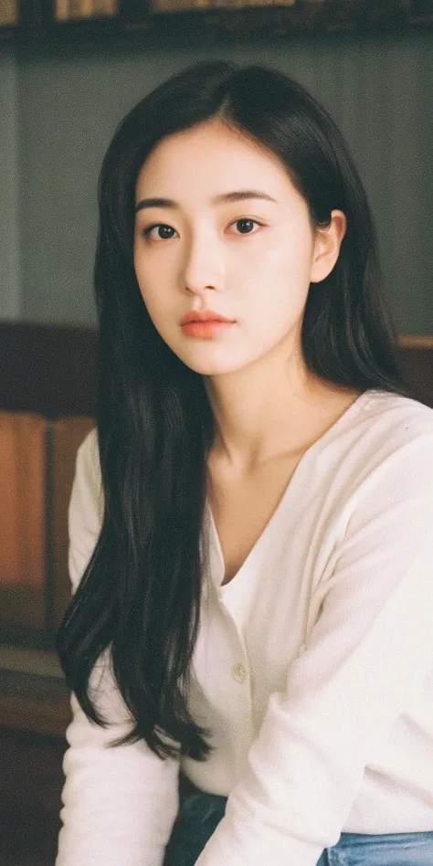 young Hong Kong woman in her early 20s, with delicate features and expressive eyes, styled like a Hong Kong actress in year 1990 in fashion. Casual high class clothing. Long black hair, light makeup with a fresh youthful look, and a charming natural expres...