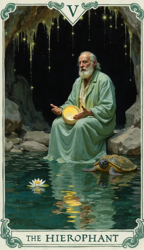 A tarot card titled “The Hierophant – The Resonant Deep” from a water-themed deck. In a dreamy Pre-Raphaelite European style infused with Zen naturalism, an elder sits at the edge of a deep cave pool. He wears kelp-green and pearl-white robes, eyes closed,...