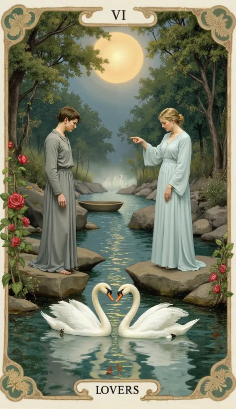 A tarot card titled “The Lovers – The Confluence” from a water-themed deck. In a dreamy Pre-Raphaelite European style blended with natural Zen aesthetics, two luminous figures stand on opposite shores of two converging rivers. One is dressed in riverstone ...
