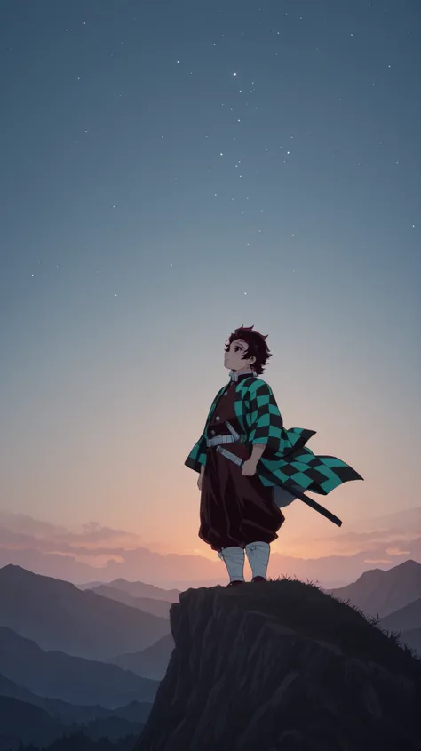 A brave anime character Tanjirou Kamado from Kimetsu no Yaiba stands on a cliff at sunrise, looking up with quiet determination. He wears a traditional samurai outfit with a checkered haori fluttering in the wind. A katana rests by his side. The sky glows ...