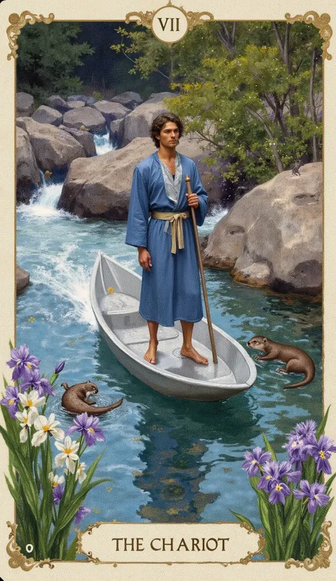 A tarot card titled “The Chariot – The Flow’s Will” from a water-themed deck. In a dreamy Pre-Raphaelite European style infused with Zen naturalism, a poised voyager stands on a moon-shaped silver-blue boat gliding swiftly down a clear, rushing river. He w...