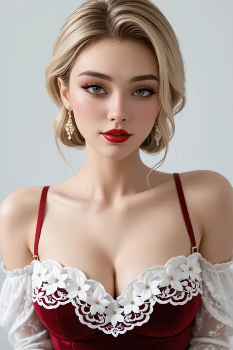 score_9, score_8_up, score_7_up, score_6_up, score_5_up, score_4_up, Jeddtl, masterpiece, best quality, absurdres,  A close-up shot of a model with smoldering eyes and bold red lips, wearing a deep burgundy velvet off-the-shoulder top. The background fades...
