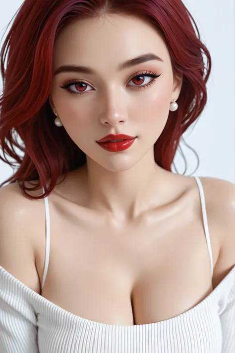 score_9, score_8_up, score_7_up, score_6_up, score_5_up, score_4_up, Jeddtl, masterpiece, best quality, absurdres,  A close-up shot of a model with smoldering eyes and bold red lips, wearing a deep burgundy velvet off-the-shoulder top. The background fades...