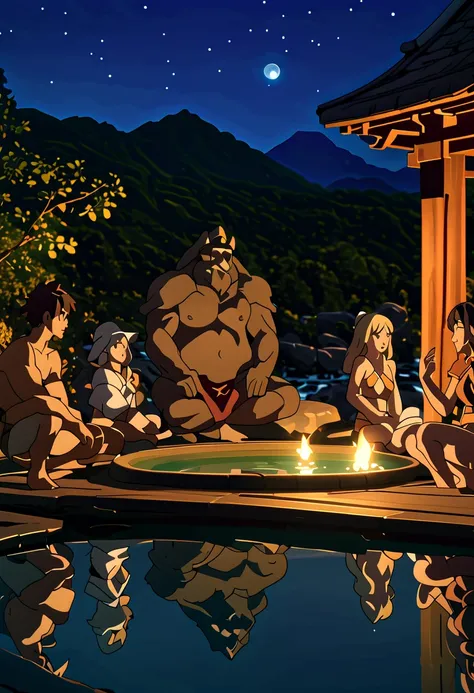 (1 boy, 4 girls), characters from Konosuba relaxing in hot springs onsen, they are sitting in the waters of a pool, they are reaching for their armor and weapons, they are being menaced by a lich monster, artistic style of Maxfield Parrish, detailed, humor...