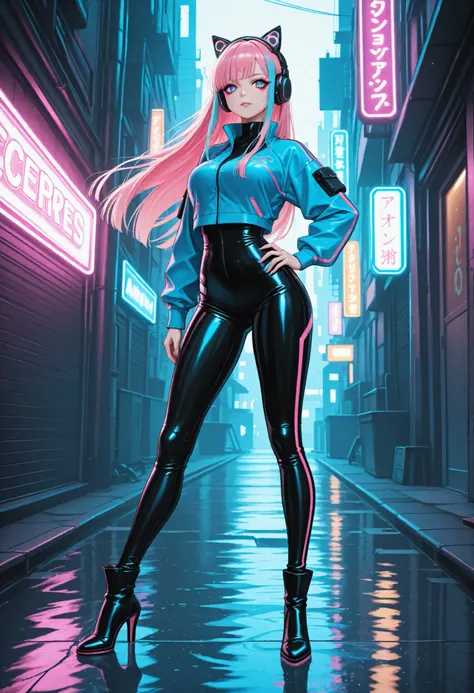 "A sexy and stocky woman, with a curvaceous body and confident appearance, posing in a futuristic neon alley on a rainy night. She is wearing a modern sports jacket, Headphones with shiny cat ears in neon blue, and high heels with a vibrant blue neon effec...