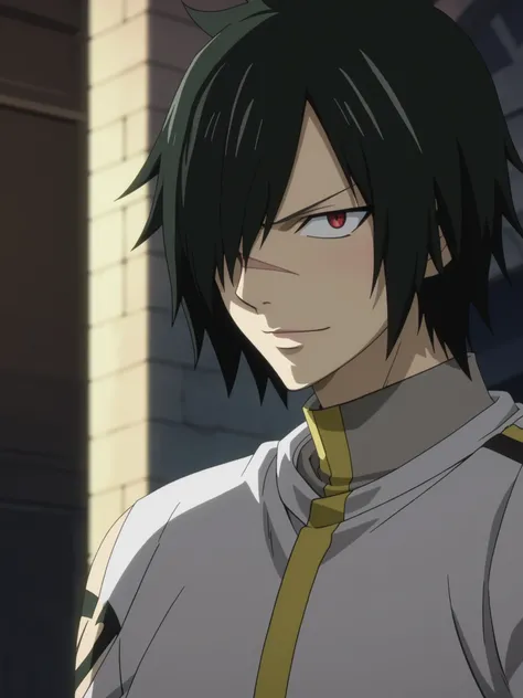 rogue_cheney, black hair, red eyes, hair over one eye, scar tattoo close-up, official style, ((anime screencap)), 8K, extremely detailed, 1boy, solo, looking at viewer, black background , shadow  , atmospheric perspective , intricately detailed , depth of ...