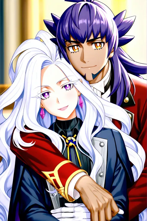 **Pokemon fanart**
illustration of two people in a gentle, intimate pose. Portrait, posed, emotional, realistic rendering
**The man is Leon from Pokemon (sword and sheild)** 27 years old, is standing behind the woman, resting one hand gently on her shoulde...