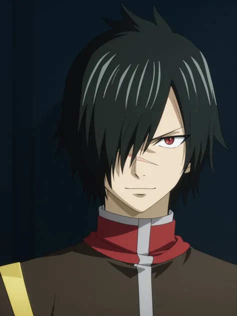 rogue_cheney, black hair, red eyes, hair over one eye, scar tattoo close-up, official style, ((anime screencap)), 8K, extremely detailed, 1boy, solo, looking at viewer, black background , shadow , atmospheric perspective , intricately detailed , depth of ...
