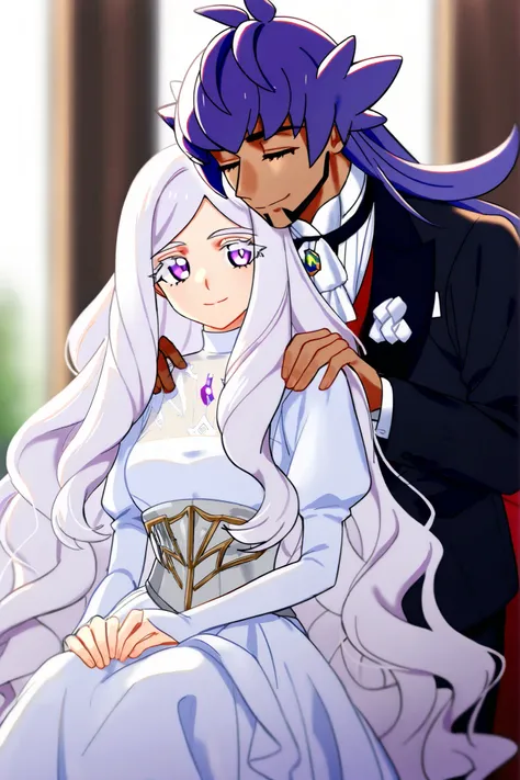 **Pokemon fanart**
illustration of two people in a gentle, intimate pose. Portrait, posed, emotional, 
**The man is Leon from Pokemon (sword and sheild)** 27 years old, is standing behind the woman, resting one hand gently on her shoulder. He is dressed ex...