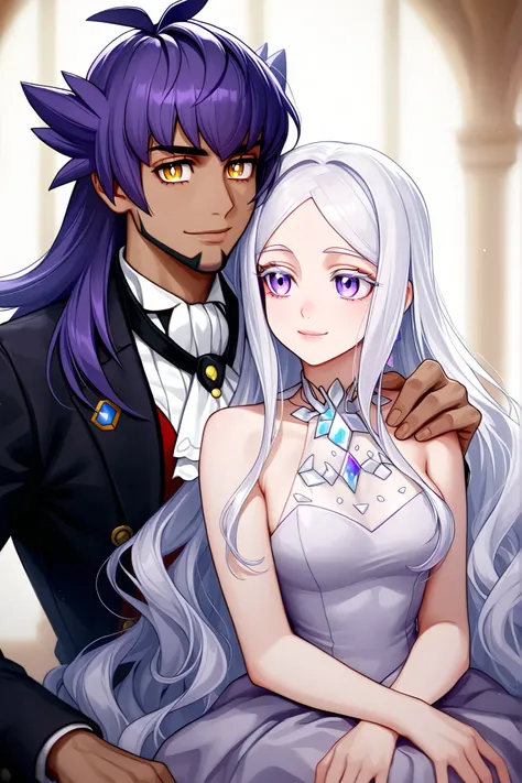 **Pokemon fanart**
illustration of two people in a gentle, intimate pose. Portrait, posed, emotional, realistic rendering
**The man is Leon from Pokemon (sword and sheild)** 27 years old, is standing behind the woman, resting one hand gently on her shoulde...